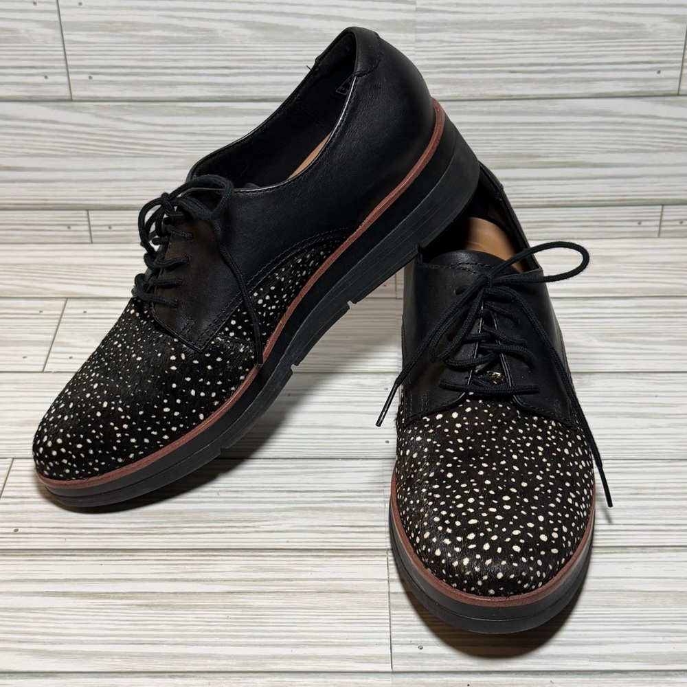 Clarks Unstructured Shaylin Womens Shoes 8.5M Black Leather Haircalf Lace Up